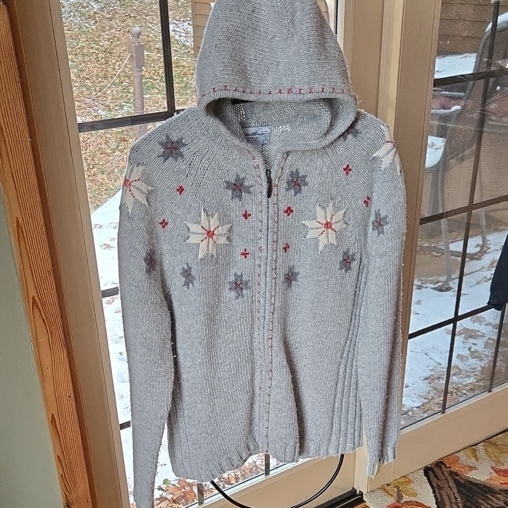 Eddie Bauer Collectibles Holiday Lambswool Snowflake Zip Up Hooded Sweater Sz L